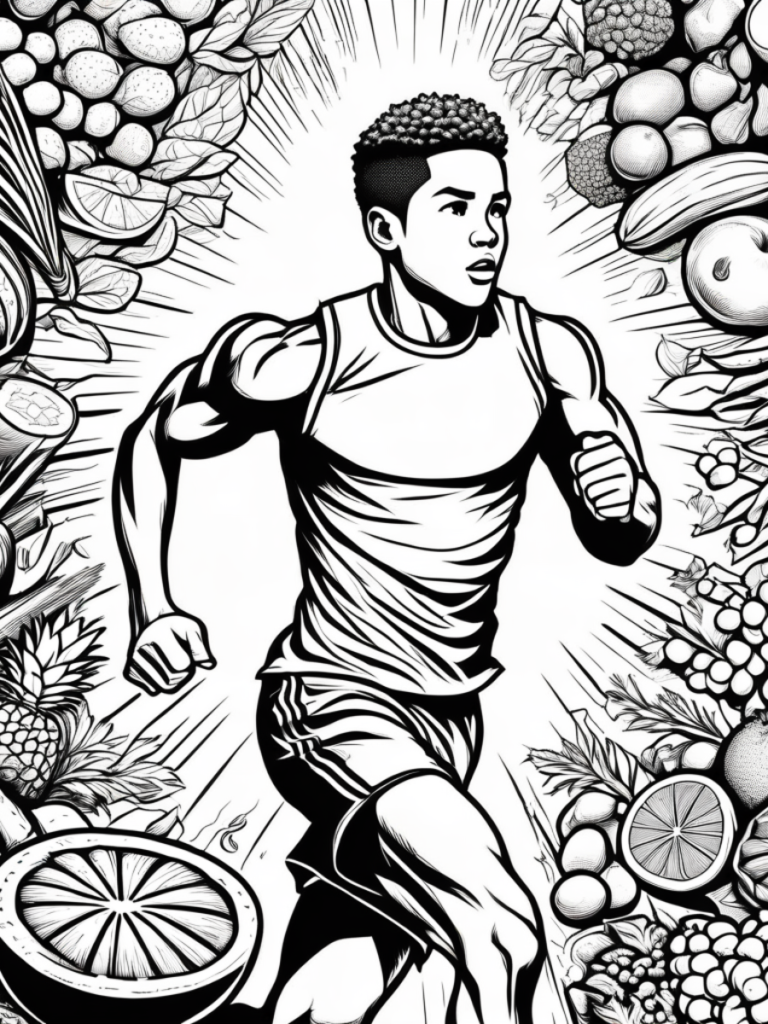 A dynamic black-and-white illustration of a young athlete running with determination, surrounded by detailed drawings of healthy foods like fruits, vegetables, and whole grains. The background features bold, clean lines of energy bursts and abstract shapes symbolizing vitality and growth.